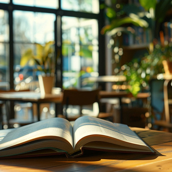 Open book on a desk in a lush library